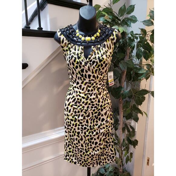Thalia Sodi Womens Multi Stretch Leopard Print Keyhole Neck Knee Length Dress M - Picture 1 of 14